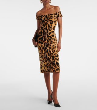 Schulterfreies Midikleid mit Leopardenmuster