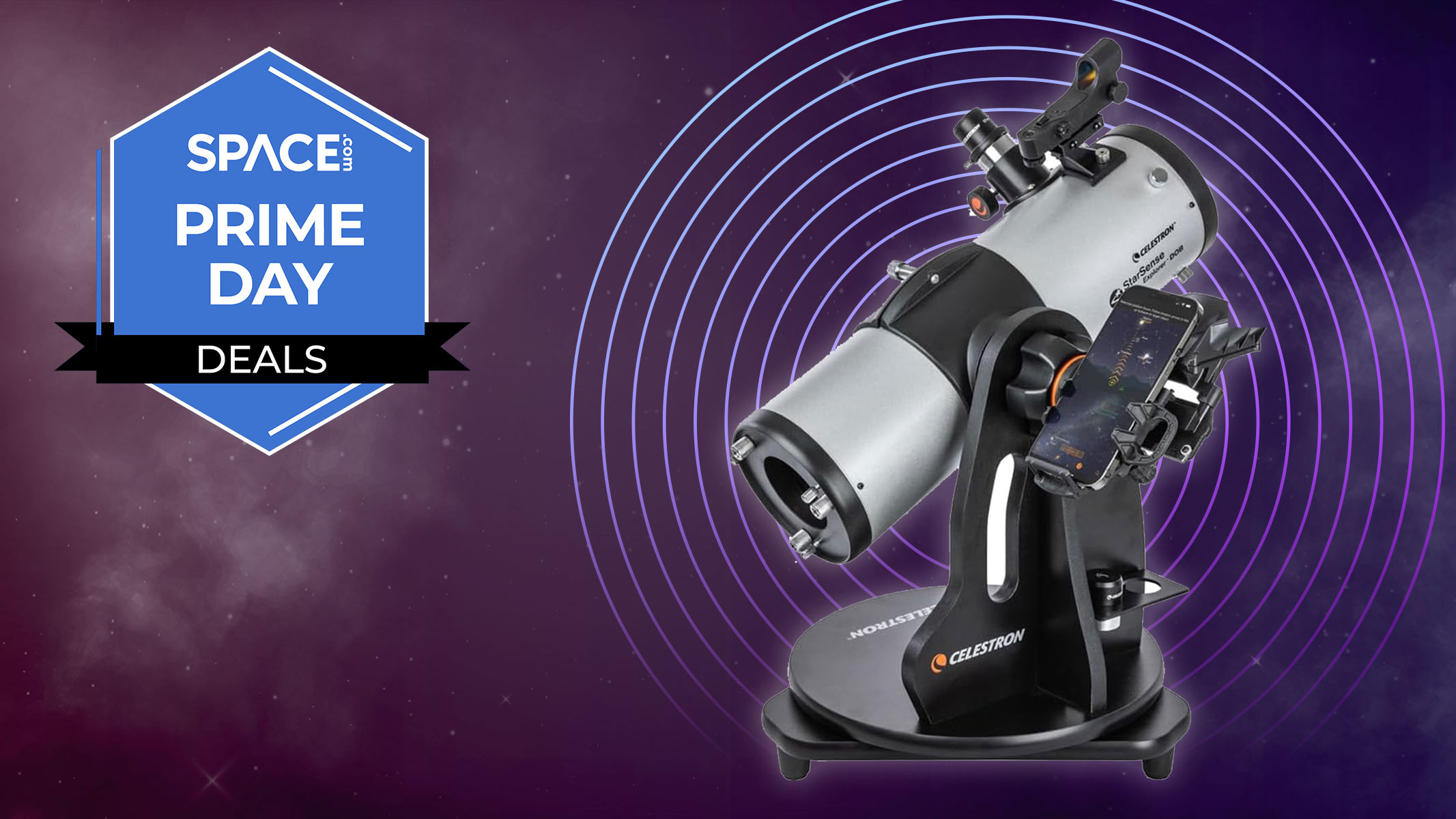 A Celestron StarSense Explorer 114AZ Dobsonian telescope against a purple background with a blue Space.com Prime Day deals badge in the upper left corner. 