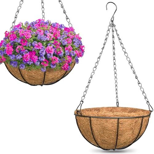 Zeedix 2 Pack 14 Inch Hanging Baskets for Plants Outdoor, Metal Wire Round Planters With Coco Liner, Hanging Flower Baskets for Home Garden Porch Balcony Railings Decor
