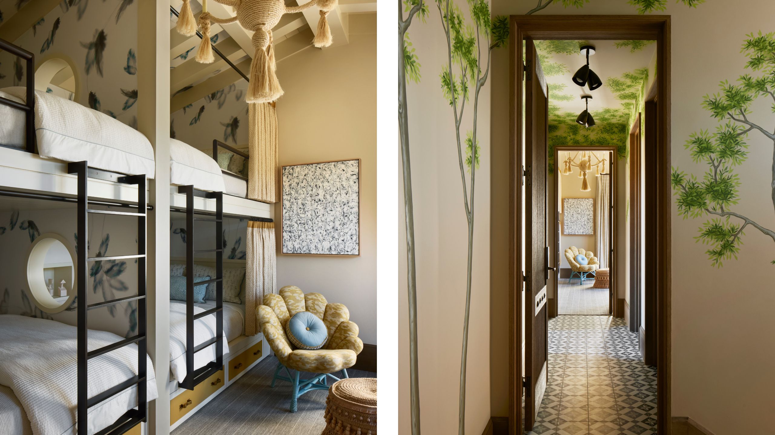 a guest bunk room suite with four double beds arranged like a treehouse with botancial wallpaper and tiled floor