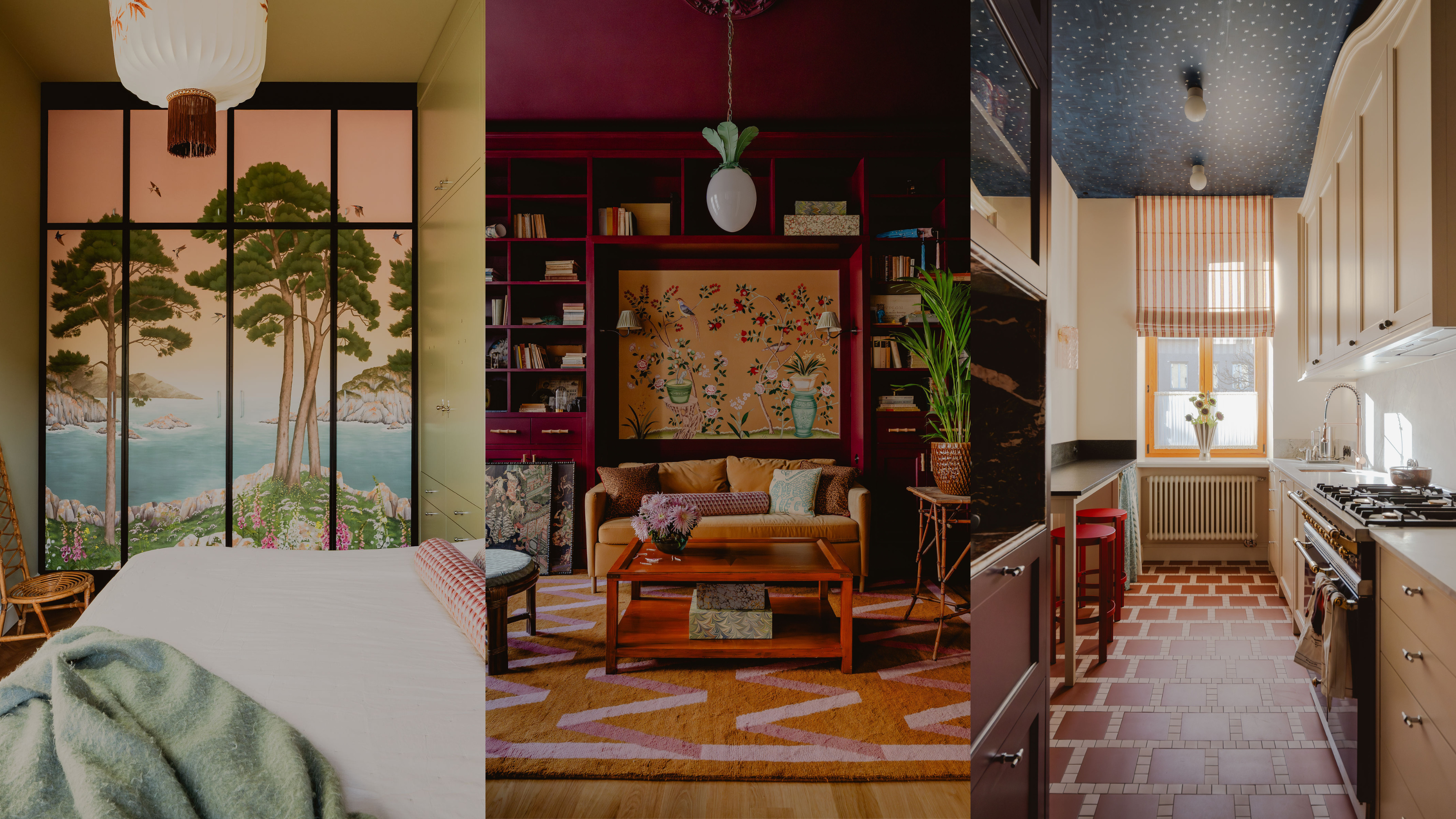 collage of a richly decorated, colorful townhouse apartment in Poland