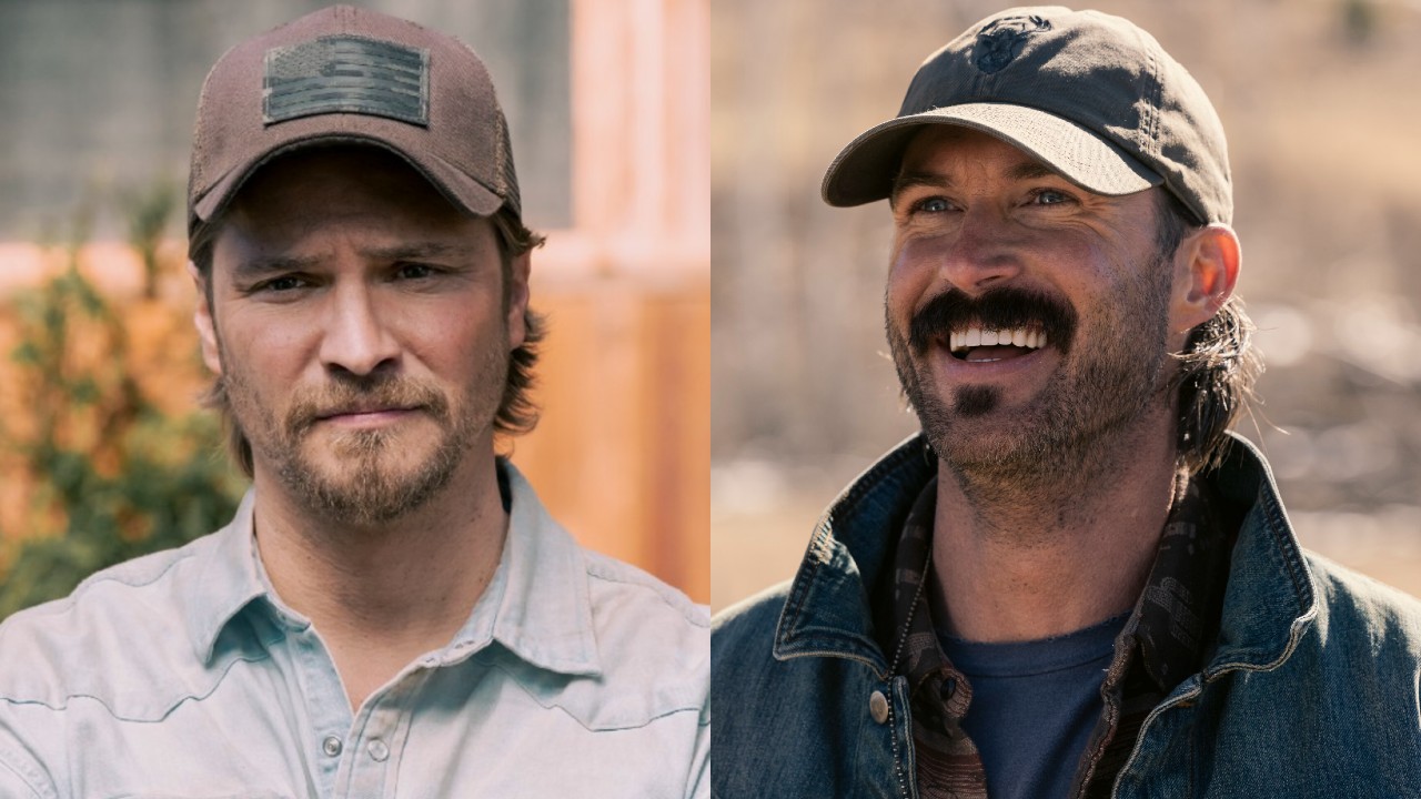 From left to right: Luke Grimes in Marshals looking serious and Riley Green smiling in Marshals. 