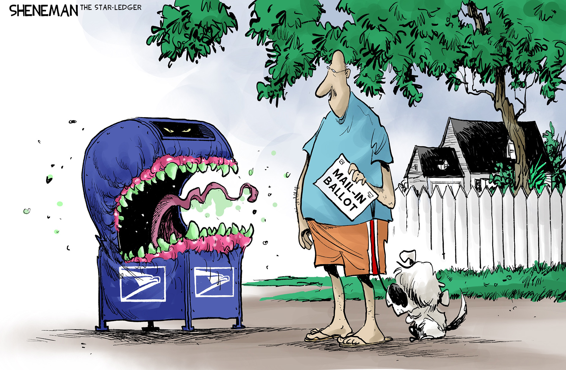 A man holds a mail-in ballot that he wants to drop into a US mailbox as he walks his dog. The US mailbox is depicted as an angry, sharp-toothed monster into which the man has to drop his ballot.
