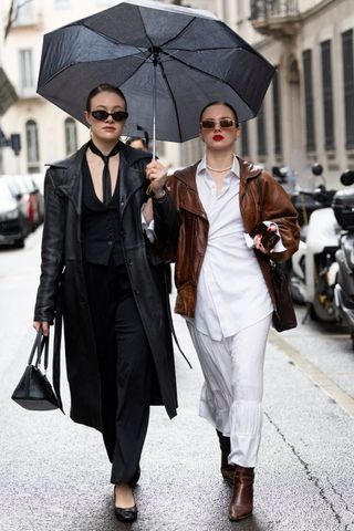 Street style women wearing leather jackets in the rain