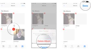 Tap the Delete button on the album you want to delete, tap Delete Album in the prompt, tap Done