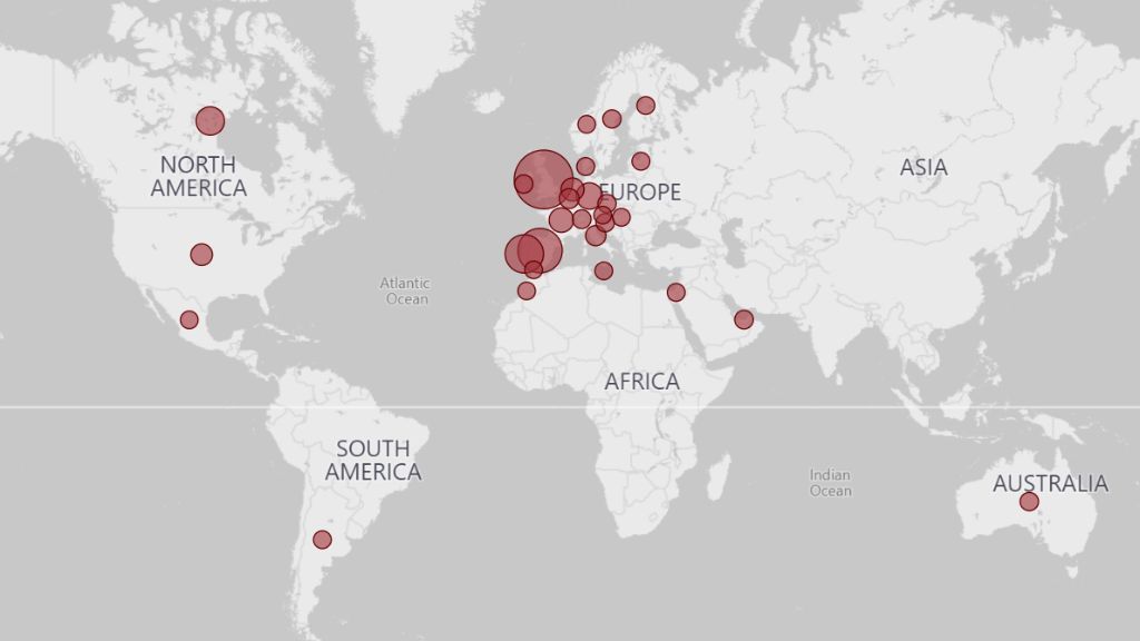 a map of the globe with countries with monkeypox cases marked