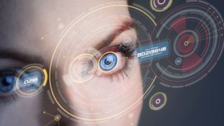 Rendering of a woman using digital features in her contact lenses 