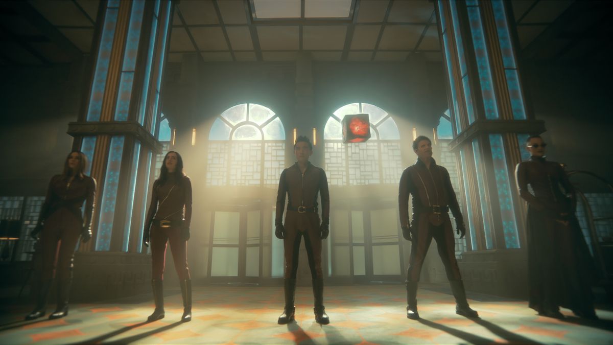 The Sparrow Academy line up in the Hargreeves family home in The Umbrella Academy season 3