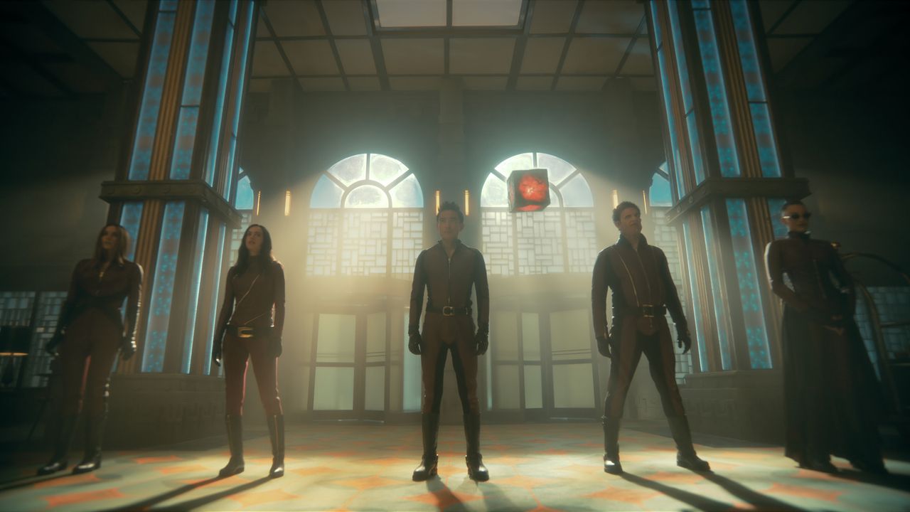 The Sparrow Academy line up in the Hargreeves family home in The Umbrella Academy season 3