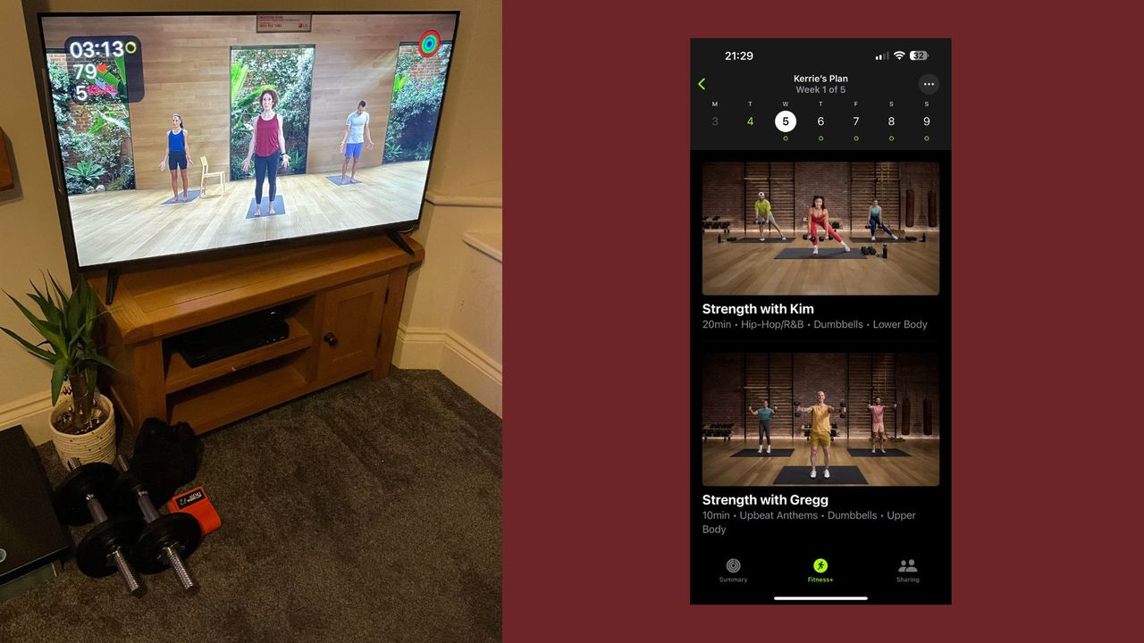 Strength training workout on Apple Fitness+ on Kerrie Hughes&#039; television screen as part of the Apple Fitness+ review, next to dumbbells with screenshot from the app showing how to access it