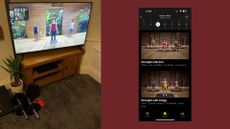 Strength training workout on Apple Fitness+ on Kerrie Hughes' television screen as part of the Apple Fitness+ review, next to dumbbells with screenshot from the app showing how to access it