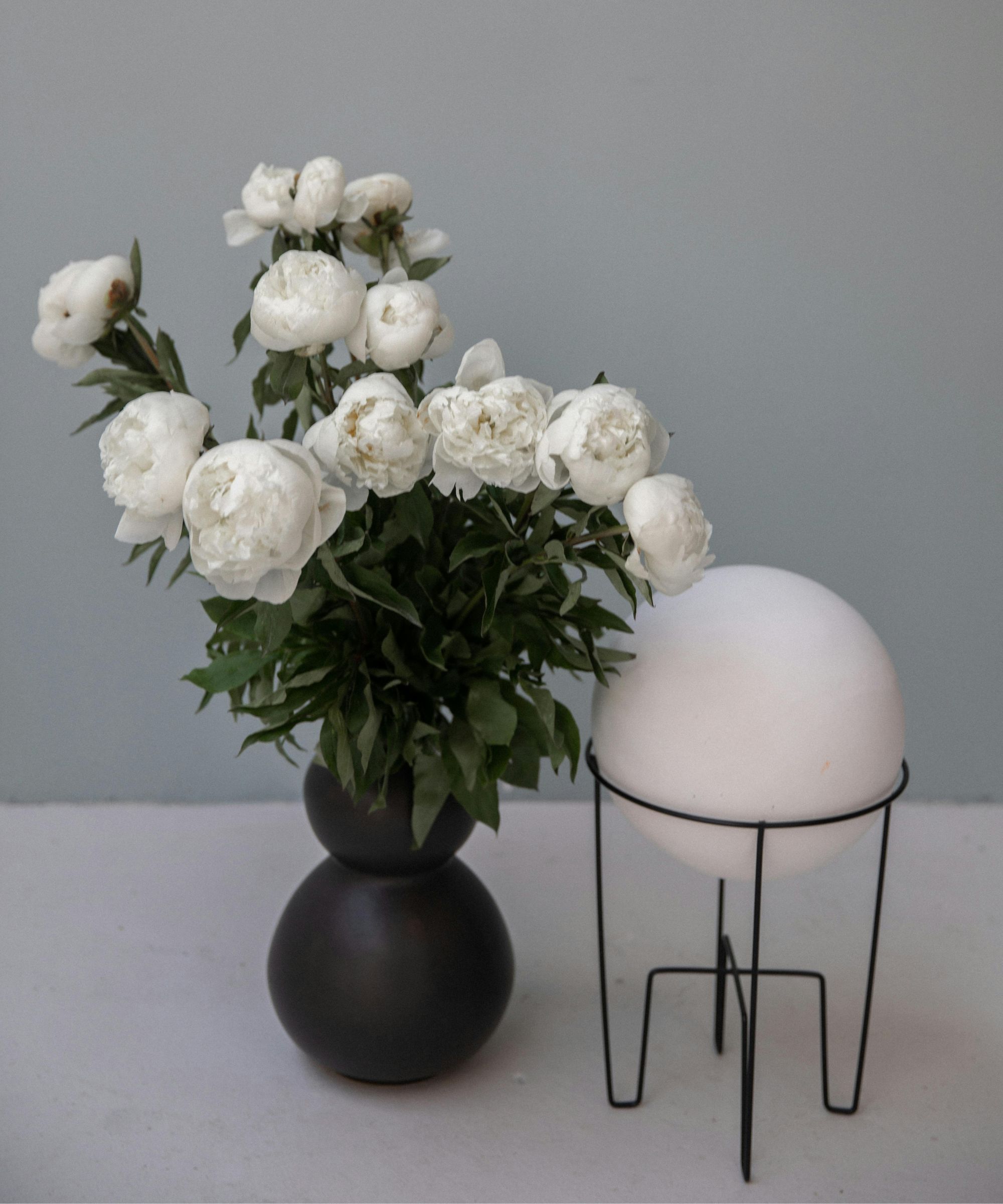 White peonies in a modern black rounded vase next to a black and white ornament
