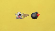 Illustrative collage of three emojis: ghost, a beige flag, and a bomb with a love heart on it