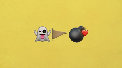 Illustrative collage of three emojis: ghost, a beige flag, and a bomb with a love heart on it