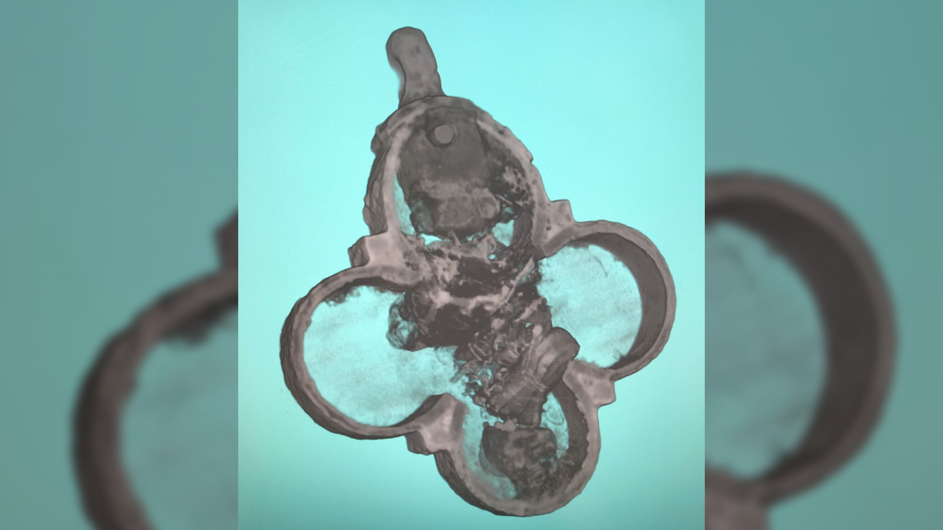 X-rays were absorbed by the metal of the pendant and couldn't show the organic materials inside; intead, neutron tomography was used to reveal it held five small cloth bags containing fragments of bone.