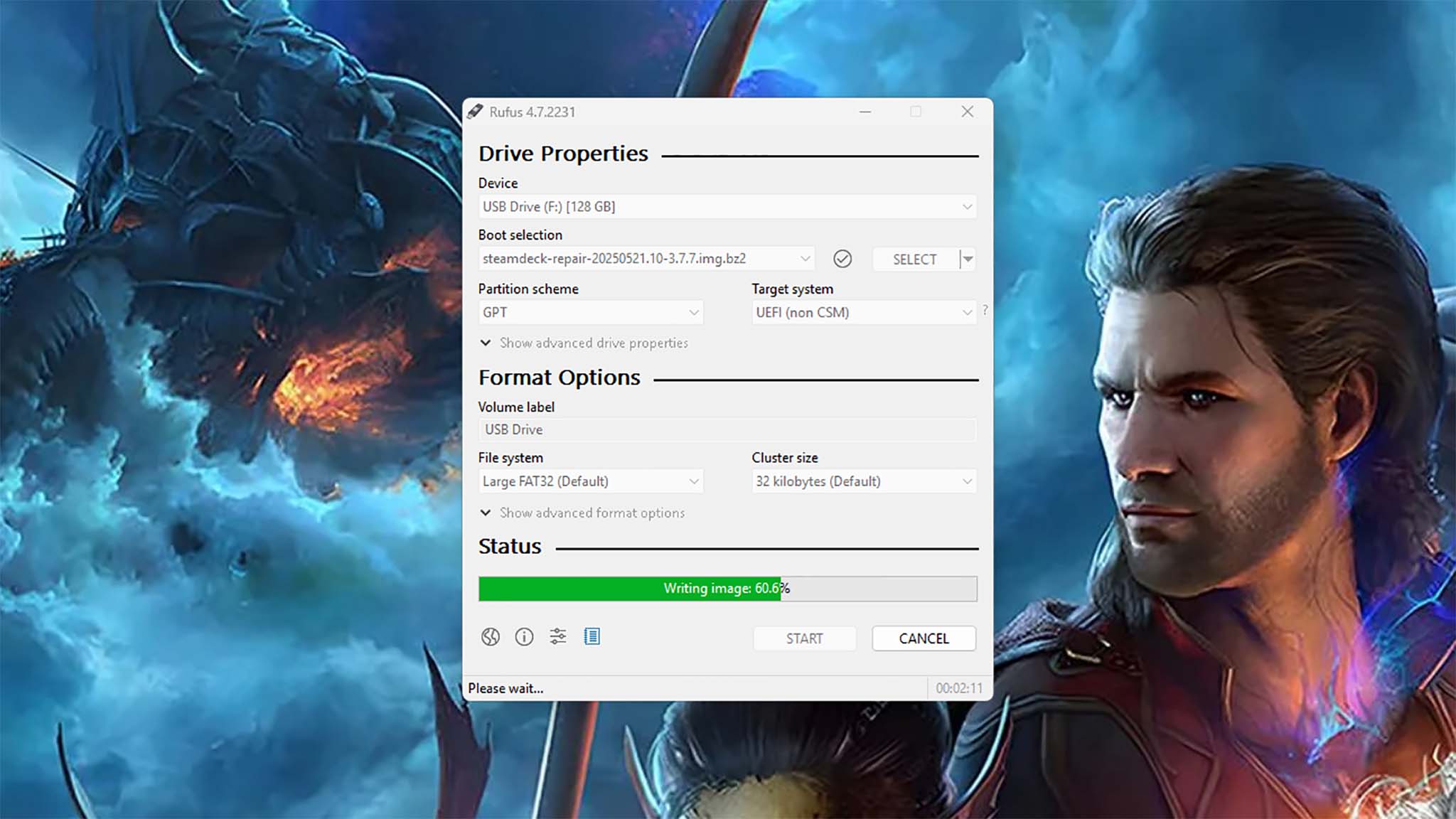 Wait for Rufus to finish making a bootable SteamOS reimage.