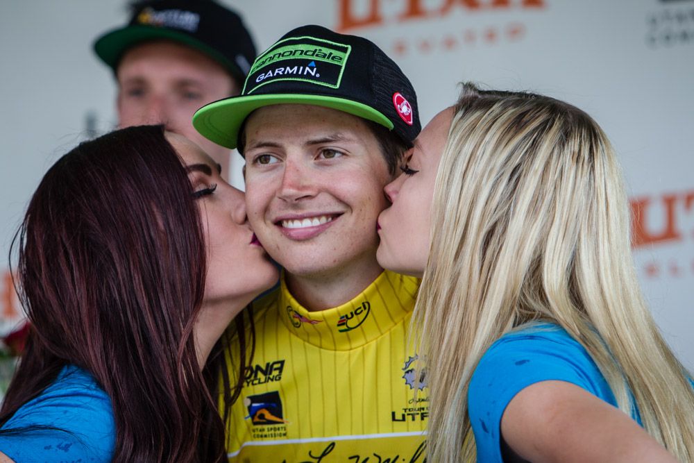 Joe Dombrowski (Cannondale) gets the podium kisses for his overall win