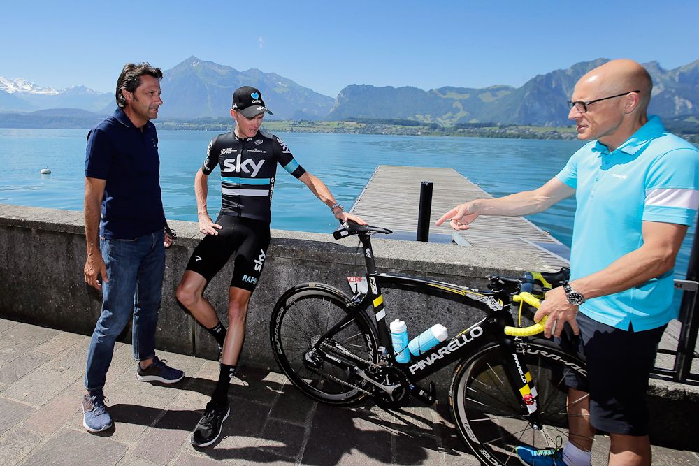 Fausto PInarello, Chris Froome and Dave Brailsford announce an extension of the deal between Team Sky and Pinarello bikes.