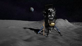 An illustration of the private Nova-C moon lander built by Intuitive Machines with NASA's Polar Resources Ice-Mining Experiment-1 (PRIME-1) attached to the spacecraft. 