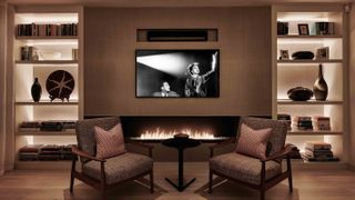 living room with open fire and mood lighting