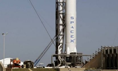 The Falcon 9 SpaceX rocket stands ready for launch at the Cape Canaveral Air Force Station in Cape Canaveral, Fla.
