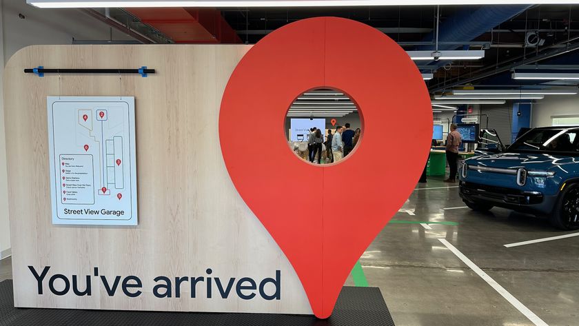 The Google Maps logo and &quot;You&#039;ve arrived&quot; text at the Google Maps Street View Garage entrance