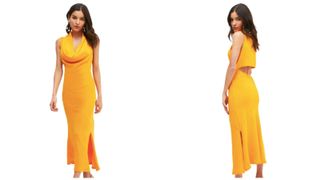 Petite mango colored long silky bias cut dress with cut out back