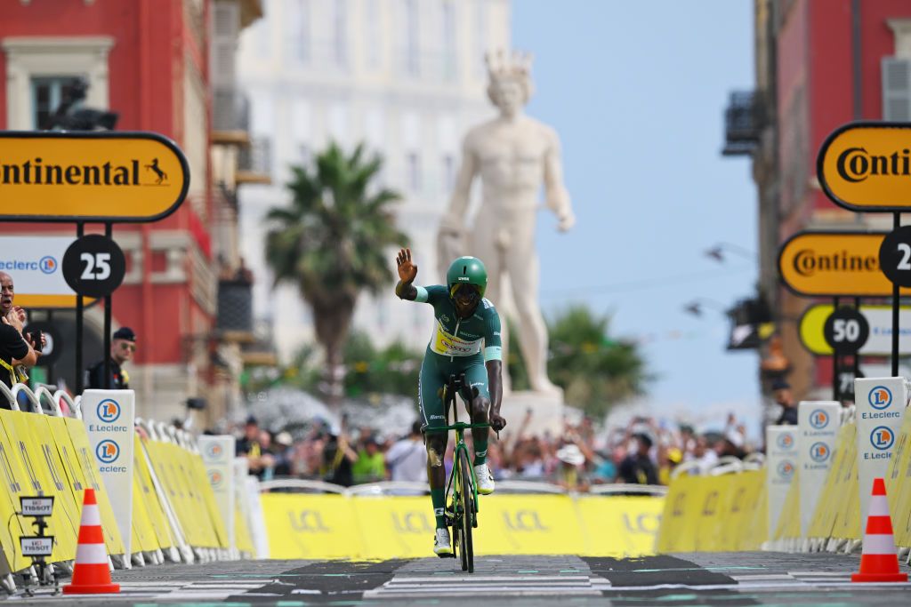 NICE FRANCE JULY 21 Biniam Girmay of Eritrea and Team Intermarche Wanty Green Sprint Jersey crosses the finish line during the 111th Tour de France 2024 Stage 21 a 337km individual time trial from Monaco to Nice UCIWT on July 21 2024 in Nice France Photo by Tim de WaeleGetty Images