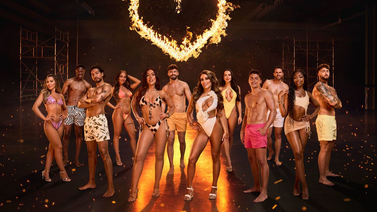 The Love Island 2024 cast gathered together in front a flaming heart logo