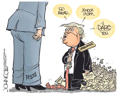 Political Cartoon U.S. Trump impeachment Nancy Pelosi subpoena testify go ahead