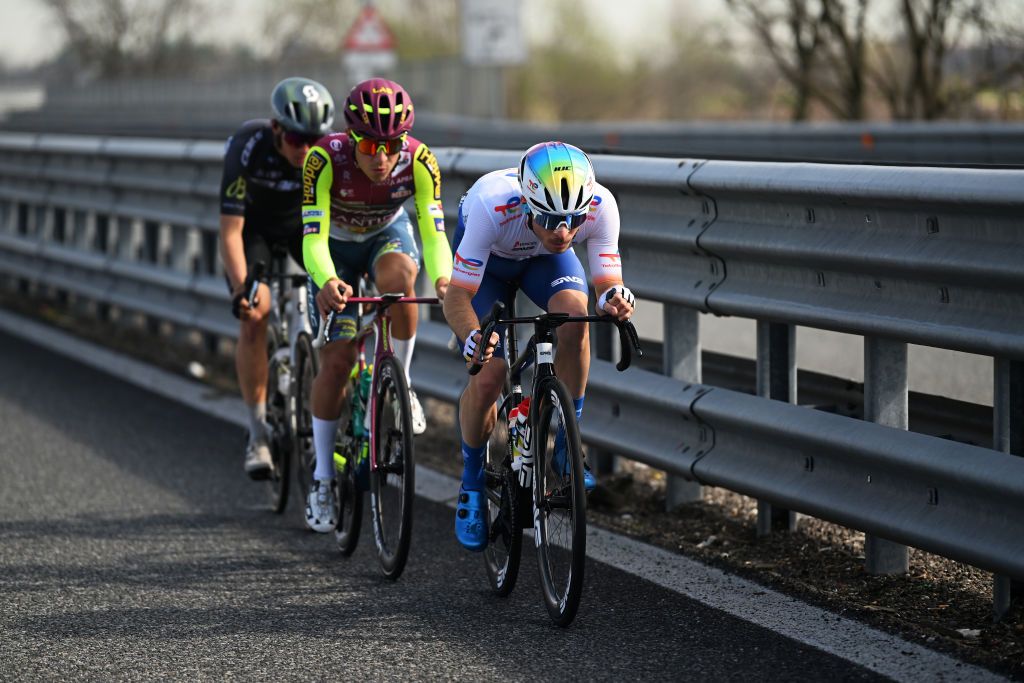 SALASSA ITALY MARCH 13 LR Marcel Camprubi of Spain and Team Q365 Pro Cycling Team Marco Murgano of Italy and Team Corratec Vini Fantini and Matteo Vercher of France and Team TotalEnergies compete in the breakaway during the 105th MilanoTorino 2024 a 177km one day race from Rho to Salassa 346m UCIWT on March 13 2024 in Salassa Italy Photo by Dario BelingheriGetty Images