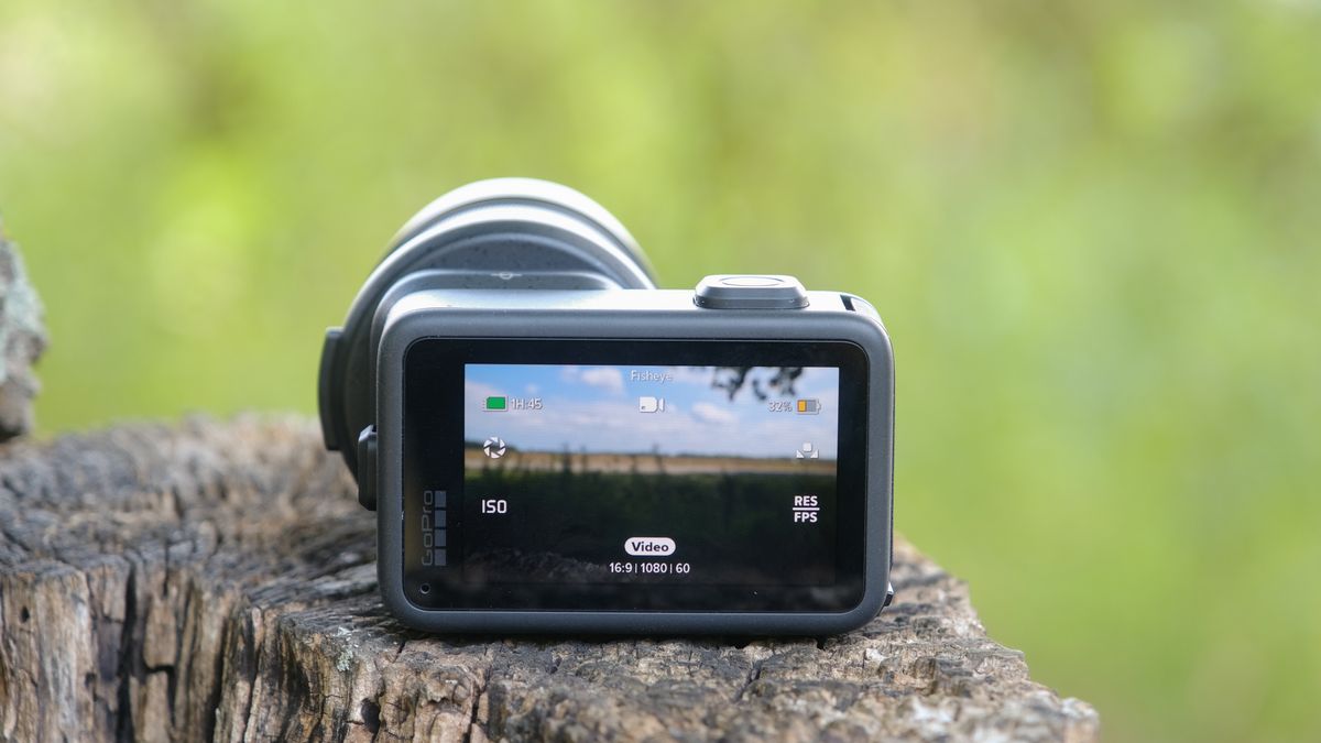 The GoPro Mission 1 ILS mirrorless camera photographed outdoors on a tree stump