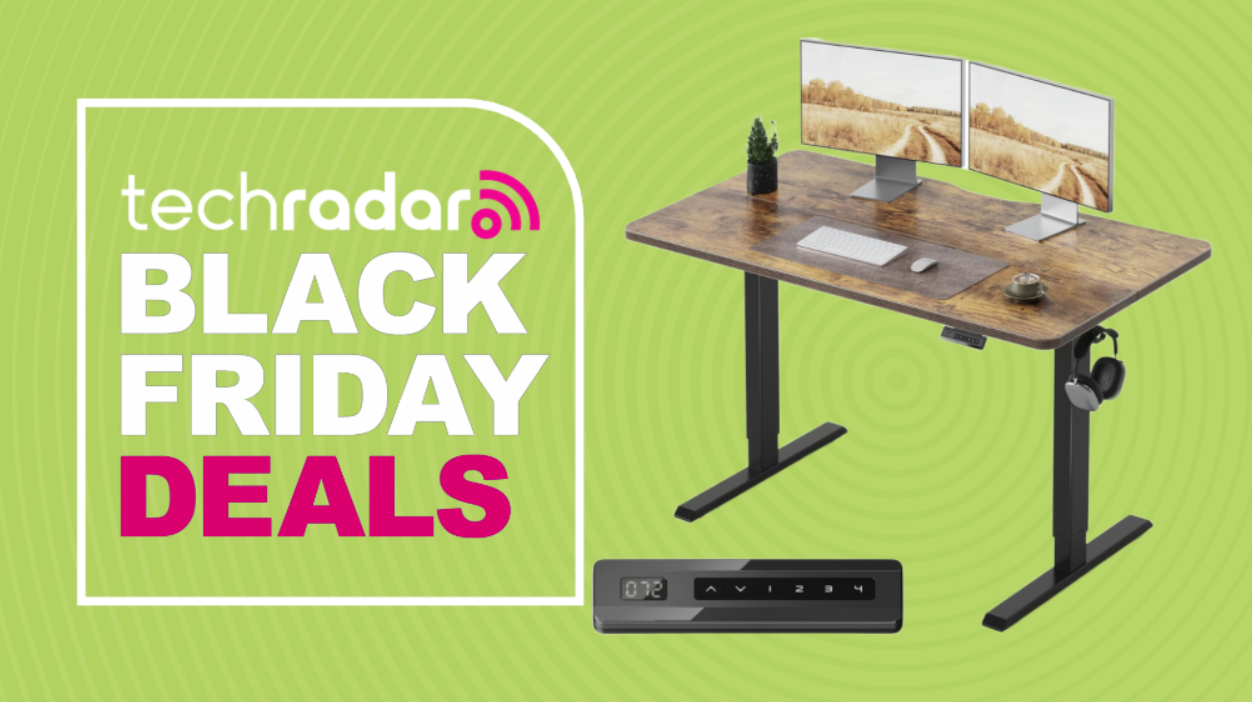 Fezibo electric standing desk on a green background next to a TechRadar badge reading 'Black Friday deals'
