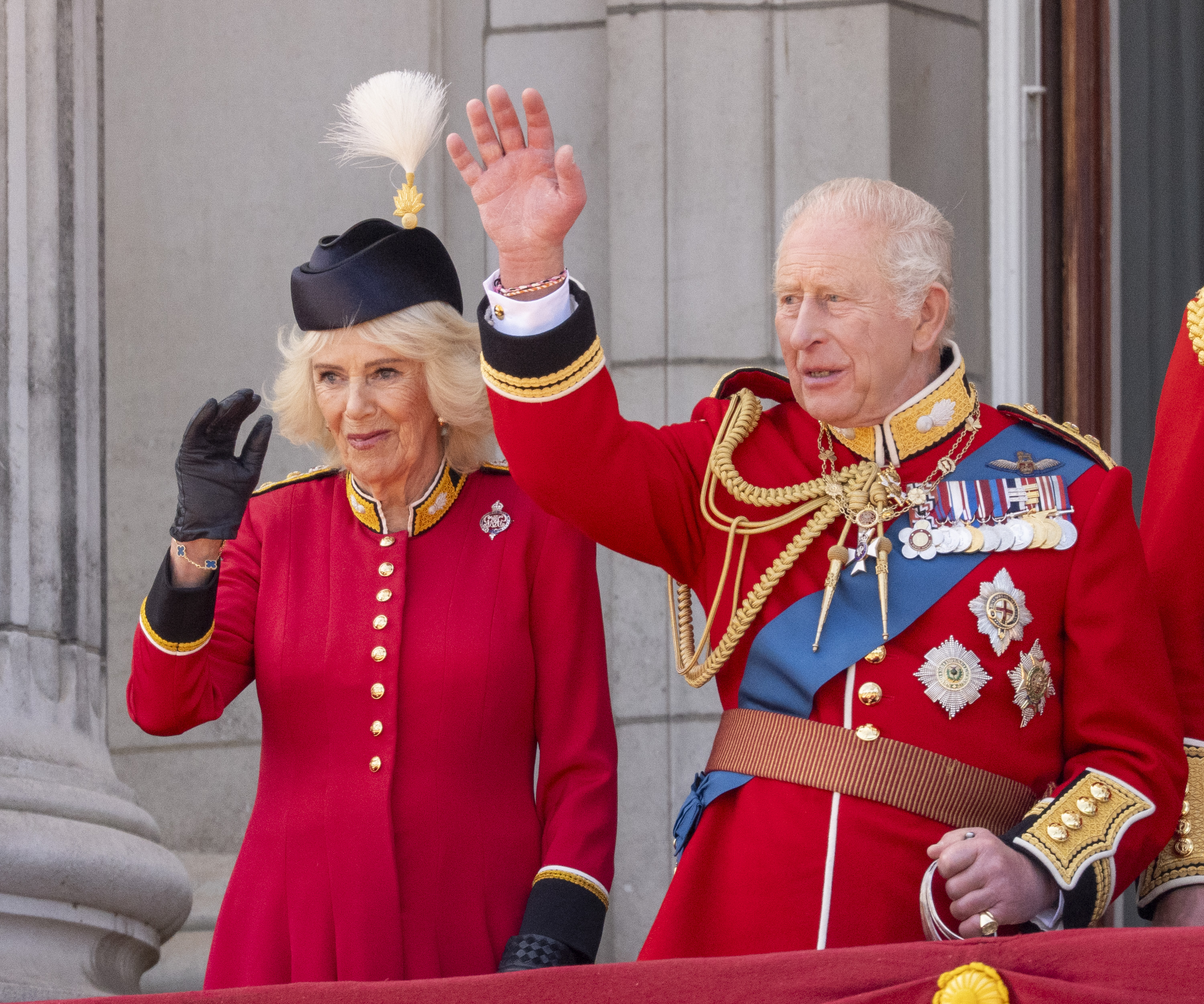 LONDON, ENGLAND - JUNE 13: King Charles III and Queen Camilla during Trooping The Colour 2026 on June 13, 2026 in London, England. Trooping The Colour is a ceremonial parade celebrating the official birthday of the British Monarch. (Photo by Mark Cuthbert/UK Press via Getty Images)