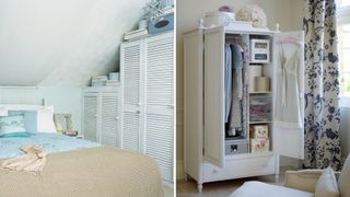 Collage of two bedrooms showing small closets with lidded boxes in top as a source of extra storage to solve how to organize a small closet with lots of clothes