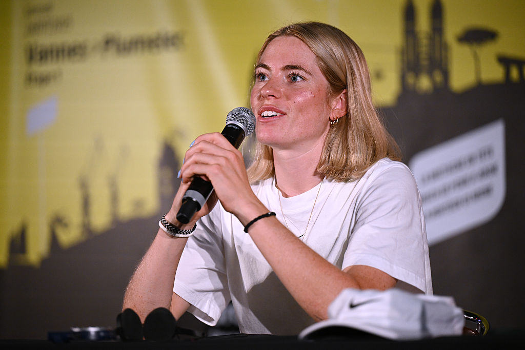 VANNES, FRANCE - JULY 25: Demi Vollering of Netherlands and Team FDJ - SUEZ during the Top Riders Press Conference prior to the 4th Tour de France Femmes 2025 / #UCIWWT / on July 25, 2025 in Vannes, France. (Photo by Szymon Gruchalski/Getty Images)