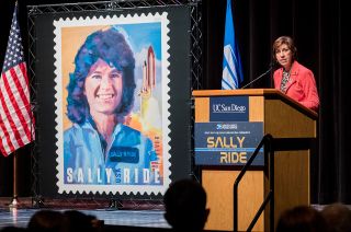 Former NASA astronaut Ellen Ochoa, the first Hispanic woman in space, speaks at the Sally Ride Forever stamp dedication, May 23, 2018 at the University of California San Diego.