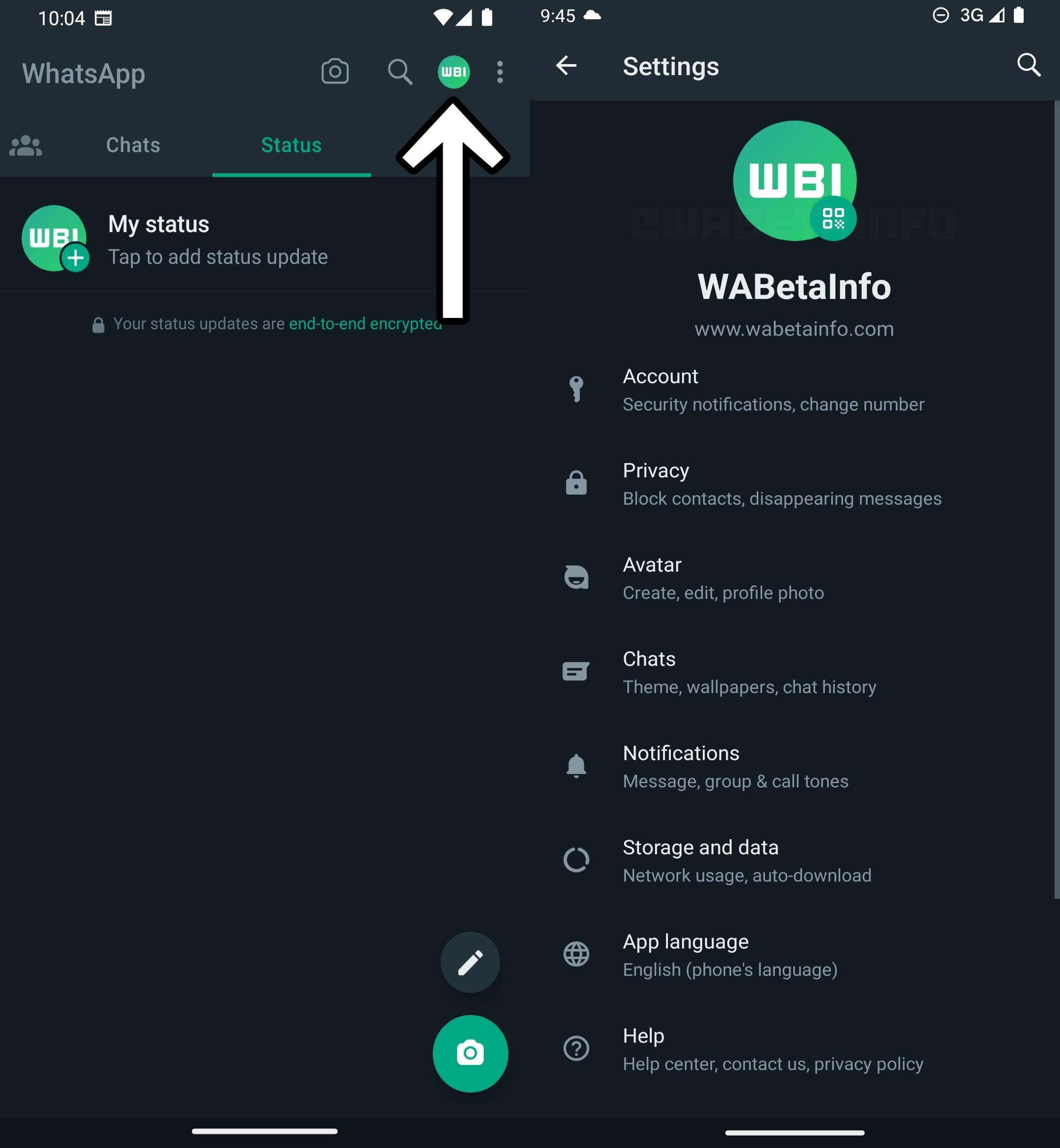 Whatsapp settings menu with a quick button for settings