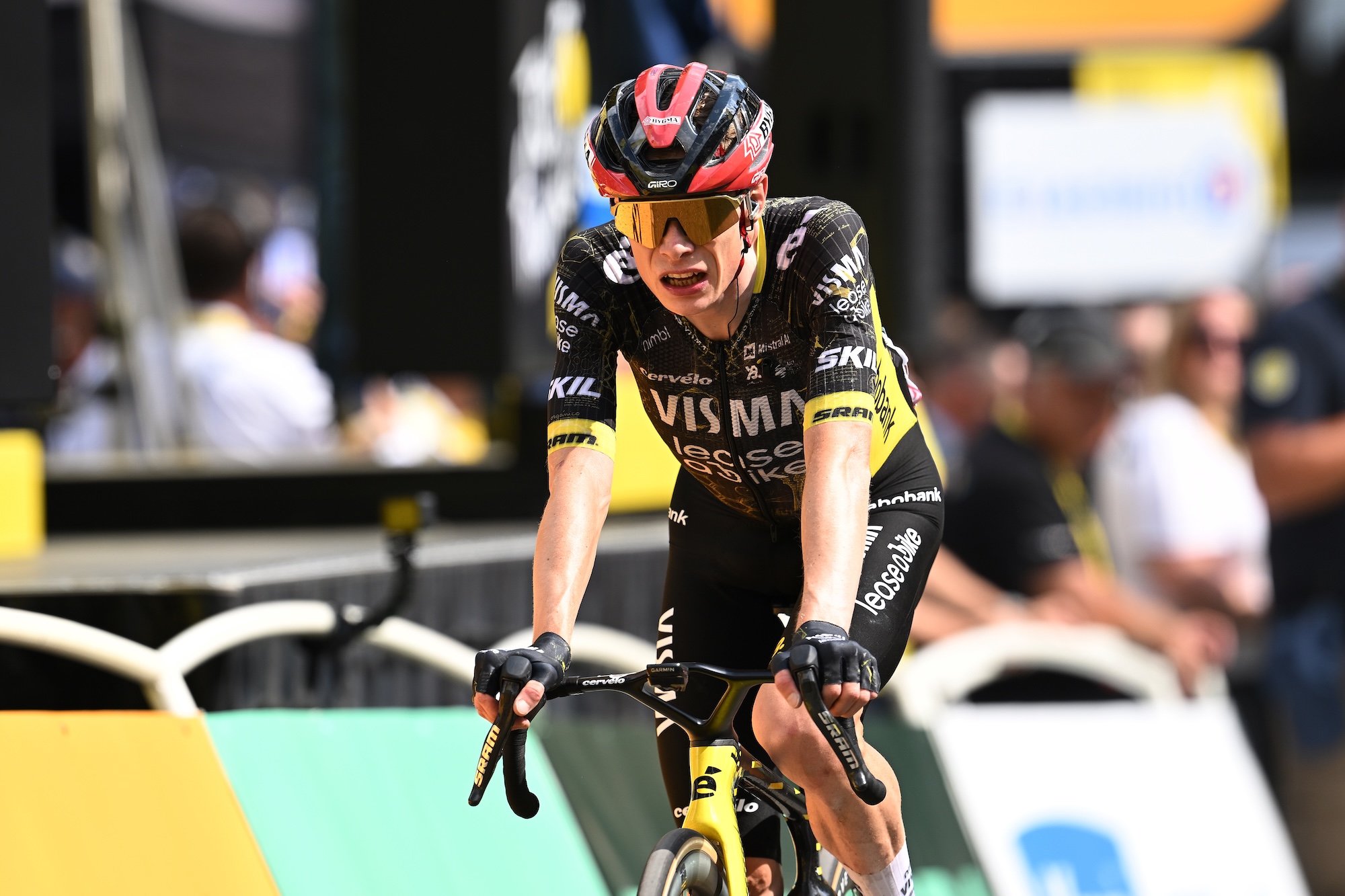Jonas Vingegaard of Visma-Lease a Bike crosses the finish line of stage 6 at Tour de France in second place
