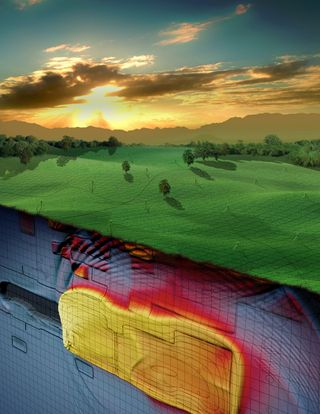 Schematic view of an on-going seismic rupture on the Parkfield segment of the San Andreas Fault.