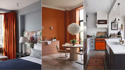 Three rooms with orange decor, a bedroom, kitchen diner and kitchen