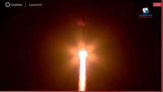 A Soyuz rocket with 36 OneWeb satellites onboard seconds after lift-off from the Vostochny Cosmodrome in Russia.