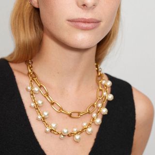 Multi Chain+Pearl Necklace Gold-plated brass
