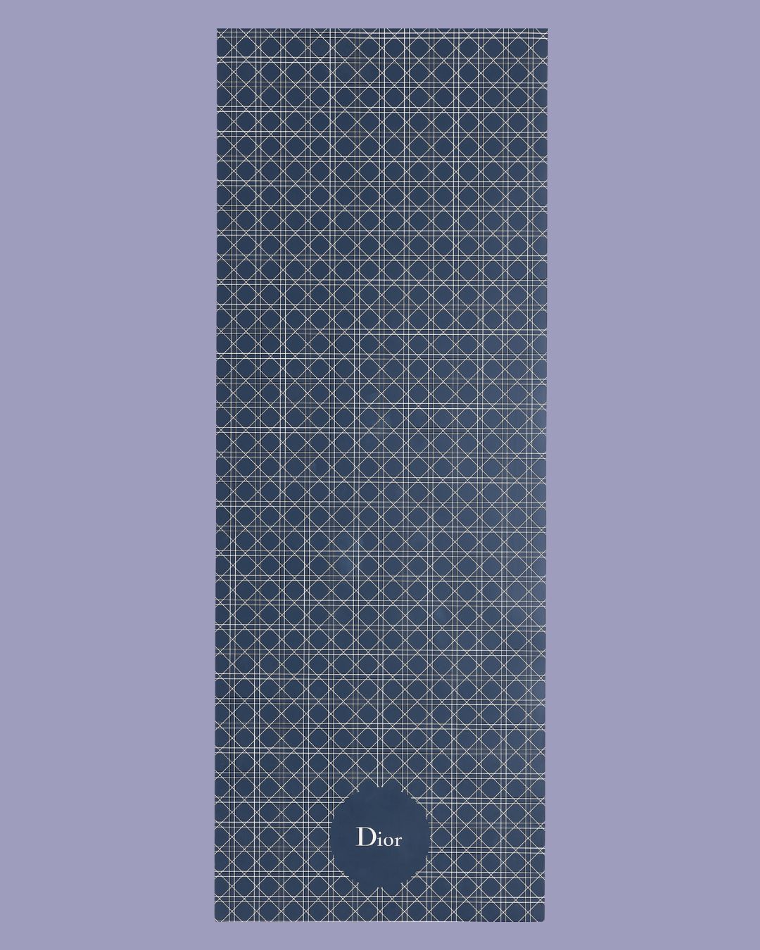 Blue yoga mat with checkered motif and a Dior logo in a circle at the bottom center.