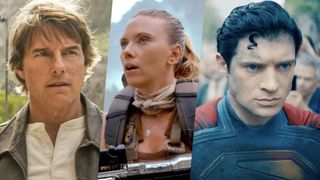 (L-R) Tom Cruise in "Mission: Impossible - The Final Reckoning," Scarlett Johannson in "Jurassic World Rebirth and David Corenswet in "Superman," three of the biggest 2025 summer movies.