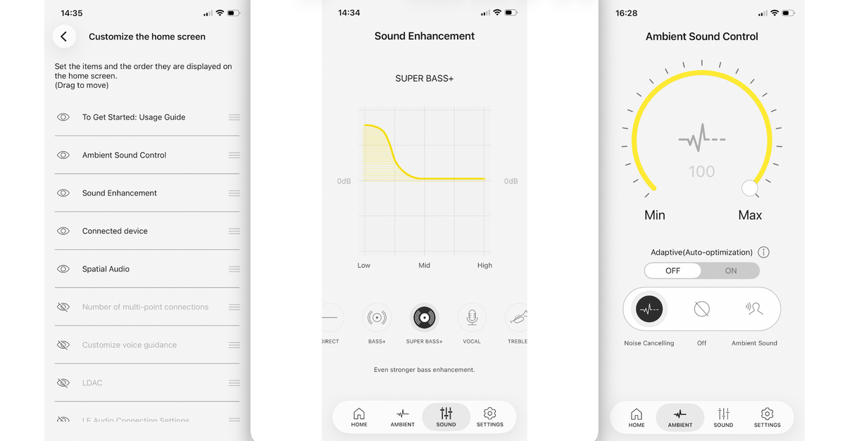 Three screengrabs of the Technics AudioConnect app, for the EAH-A1000