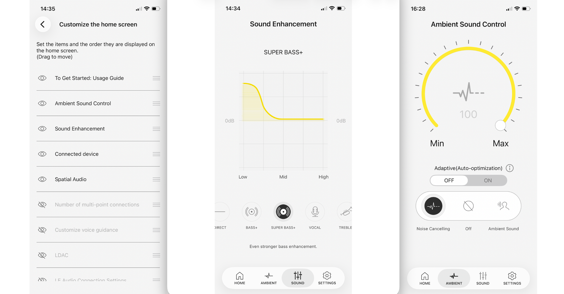 Three screengrabs of the Technics AudioConnect app, for the EAH-A1000