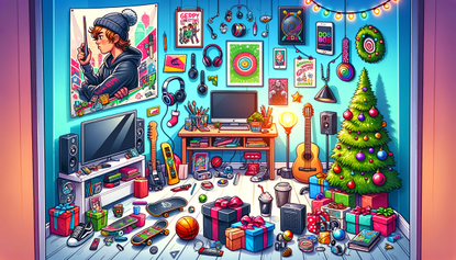 cartoon-style image showcasing a variety of potential gifts in a modern teenager's room with a Christmas tree and present surrounding it