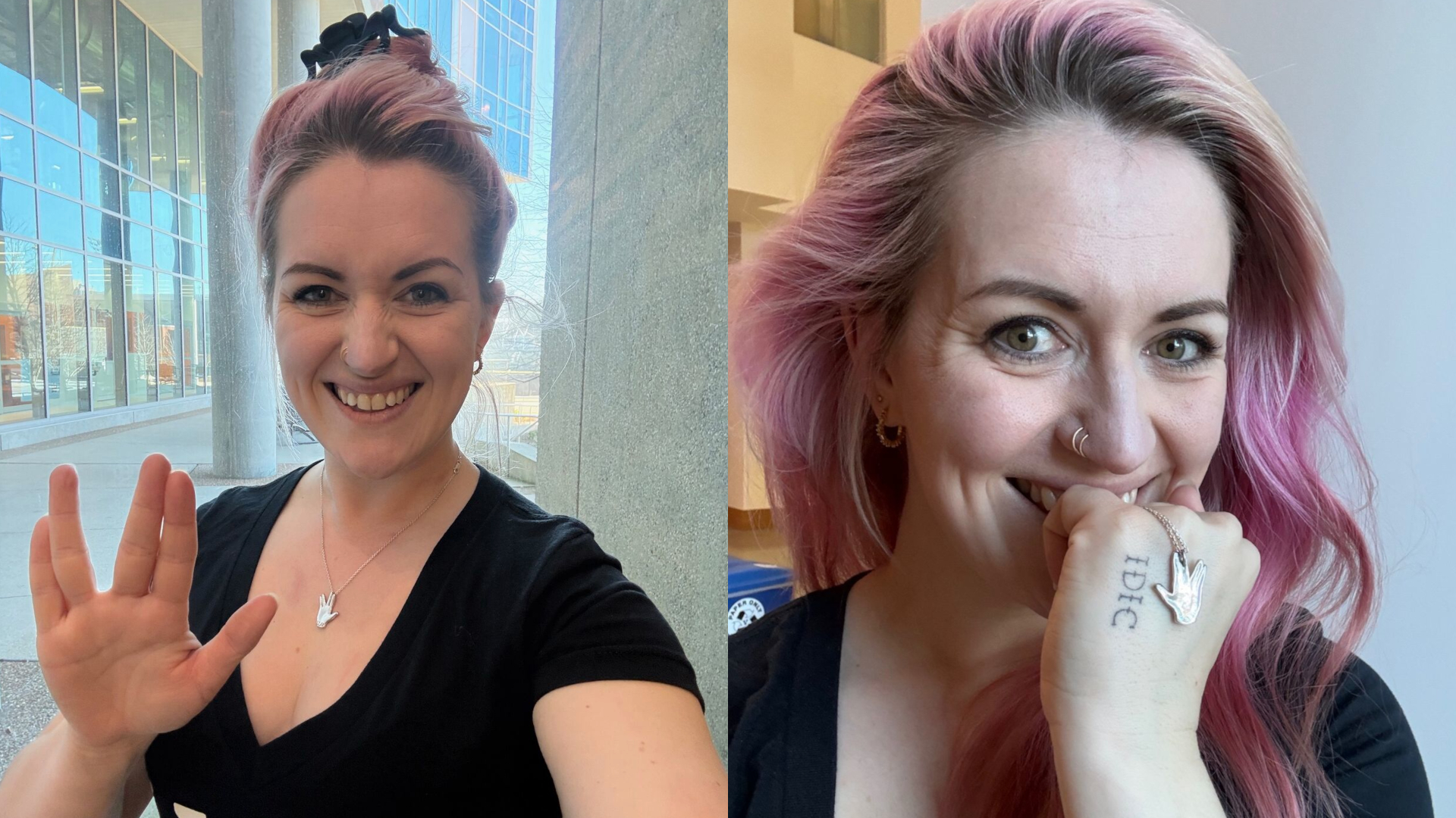 Dr. Jessica Schonhut-Stasik doing a Vulcan salute and wearing her 'Live Long and Prosper' Tribute Award pendant.