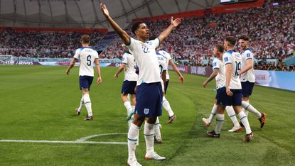 Bukayo Saka scored England’s second goal against Iran at the Khalifa International Stadium 